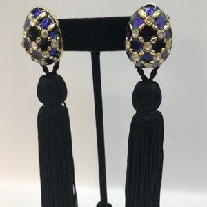 Tassle earrings vintage clip on egg shape blue enameled with rhinestones